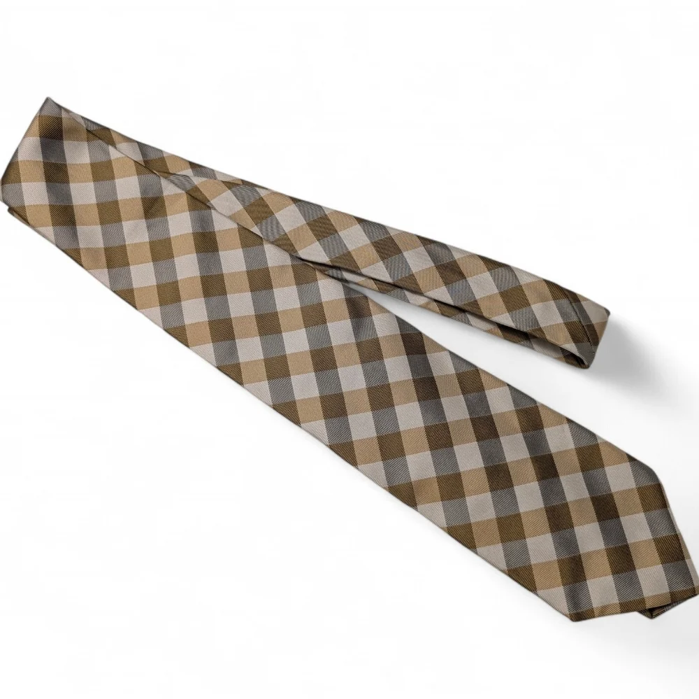 LANDS END Vintage Silk Tie Long Tan Cream Check Necktie Classic